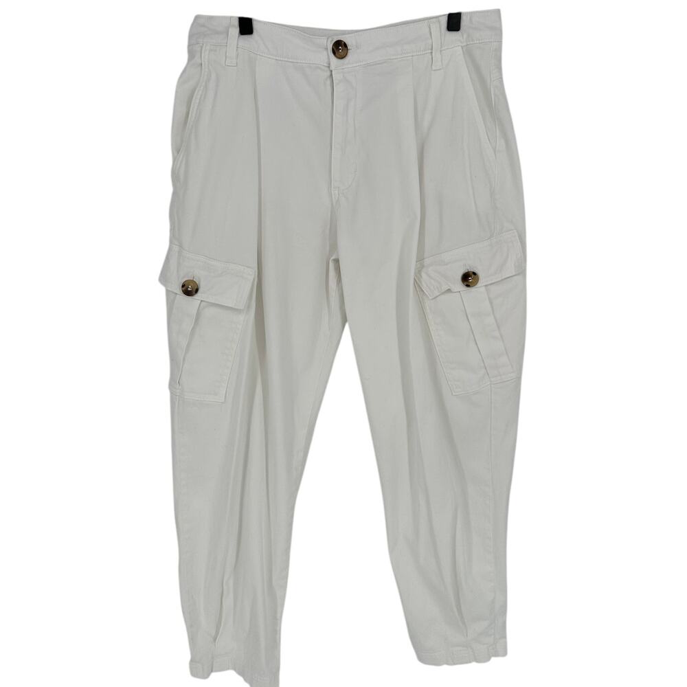 Anthropologie Amadi White Wide Leg Cargo Pants M High Rise Utility Stretch